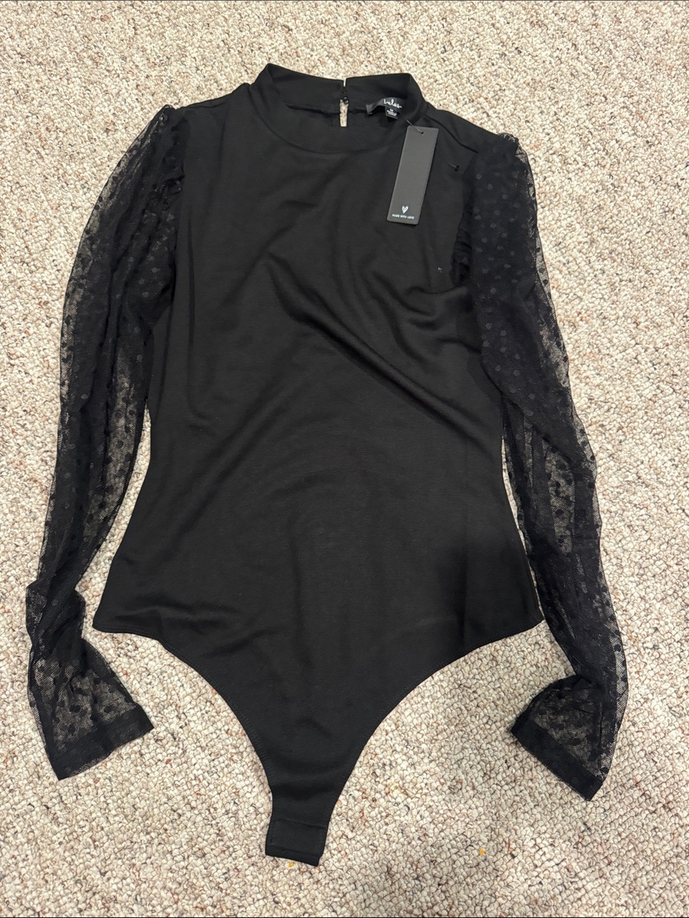 Lulus Black Sheer Lace Sleeve Mock Neck Bodysuit